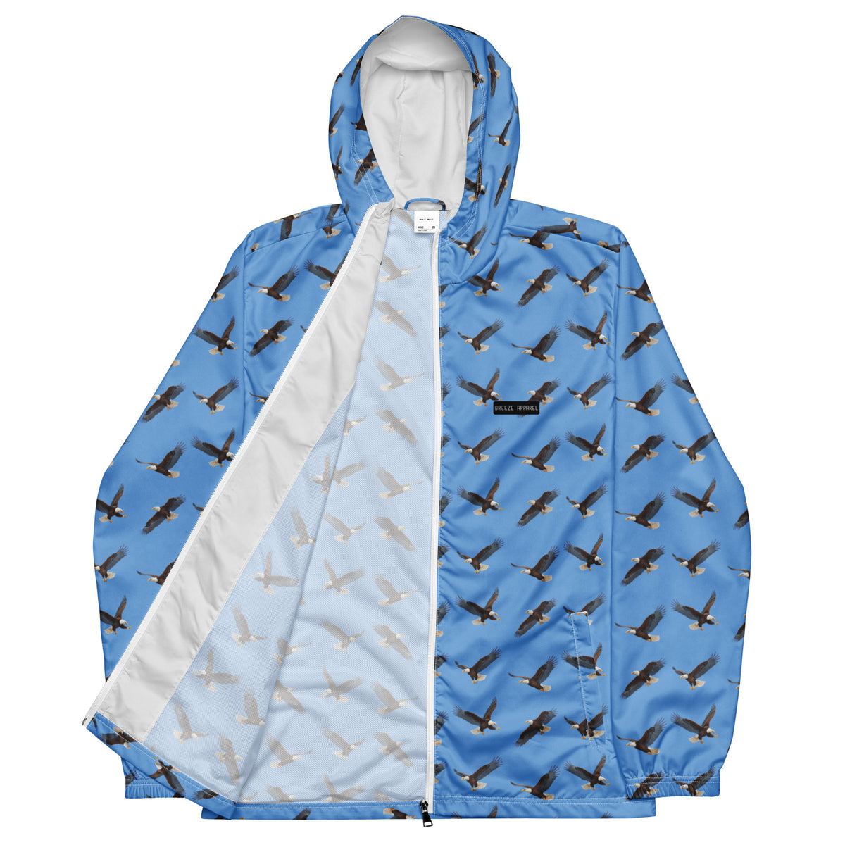 Blue jacket with pattern of bald eagles.