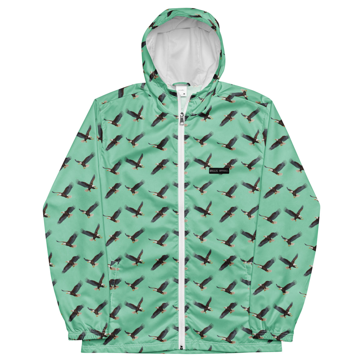 Green jacket with pattern of bald eagles.