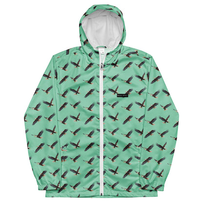 Green jacket with pattern of bald eagles.