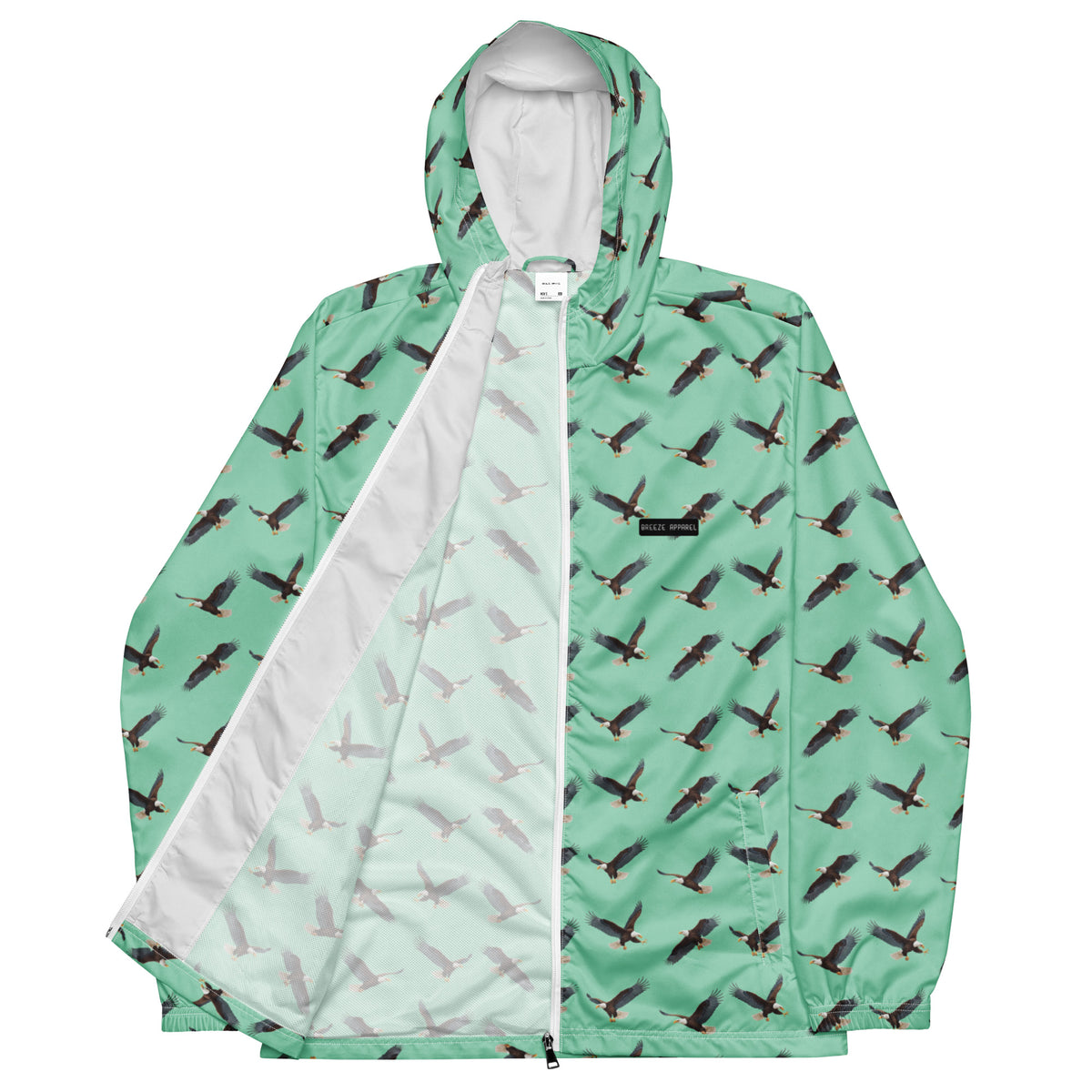 Green jacket with pattern of bald eagles.