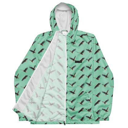 Green jacket with pattern of bald eagles.