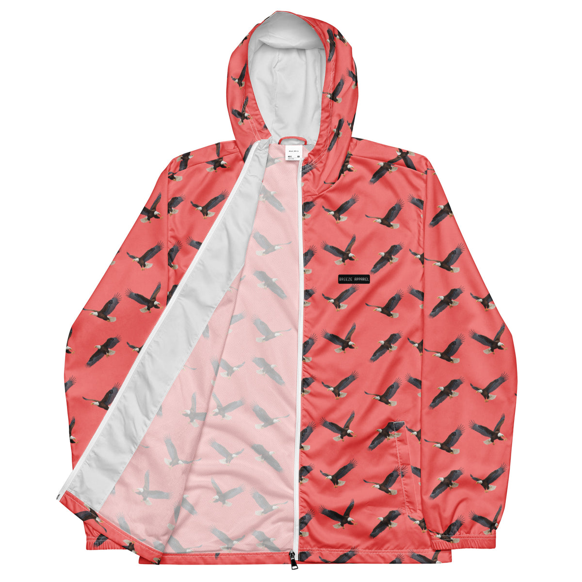 Red jacket with pattern of bald eagles.