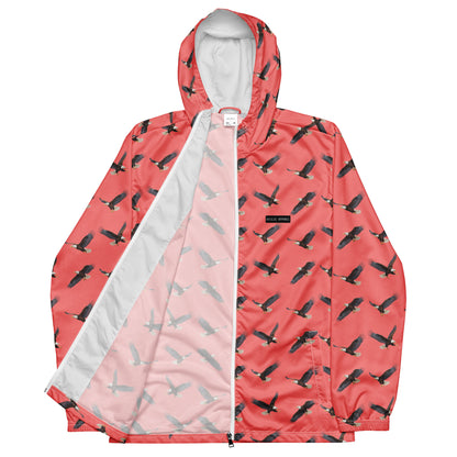 Red jacket with pattern of bald eagles.