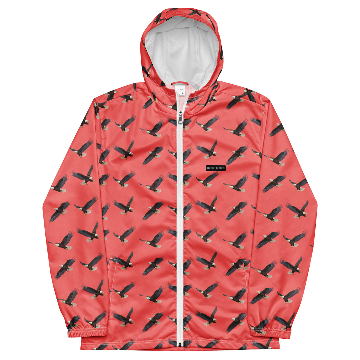 Red jacket with pattern of bald eagles.