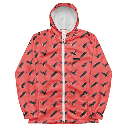 Red jacket with pattern of bald eagles.