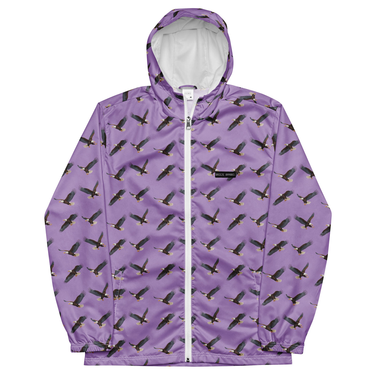 Purple jacket with pattern of bald eagles.