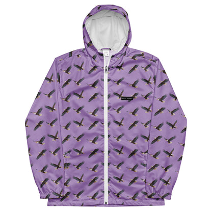 Purple jacket with pattern of bald eagles.
