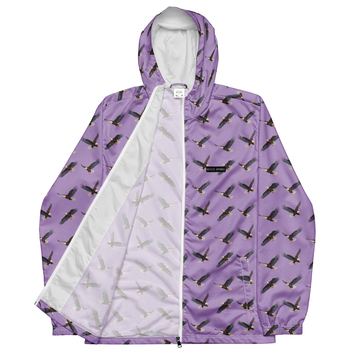 Purple jacket with pattern of bald eagles.