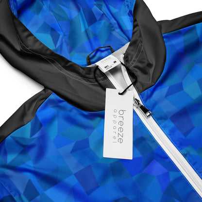 Jacket with blue geometric pattern.