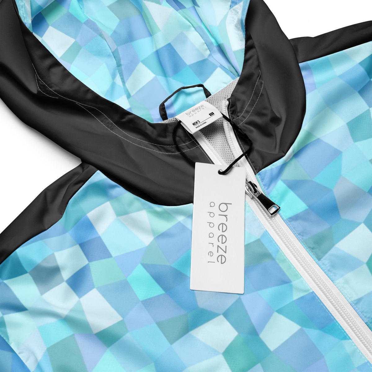 Jacket with light-blue geometric pattern .