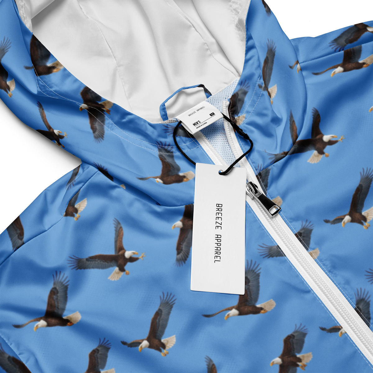 Blue jacket with pattern of bald eagles.