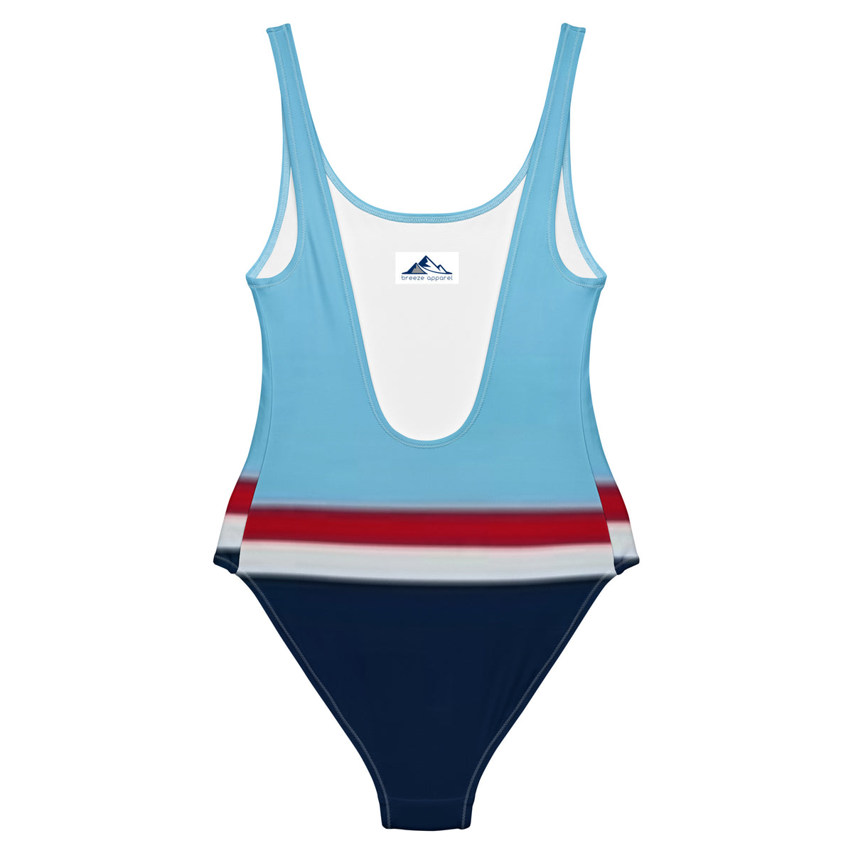 Back of one-piece swimsuit with light-blue top, followed by a red stripe, then a white stripe, followed by a navy-blue bottom part.