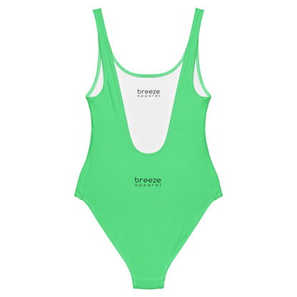 Back of mint-green one-piece swimsuit
