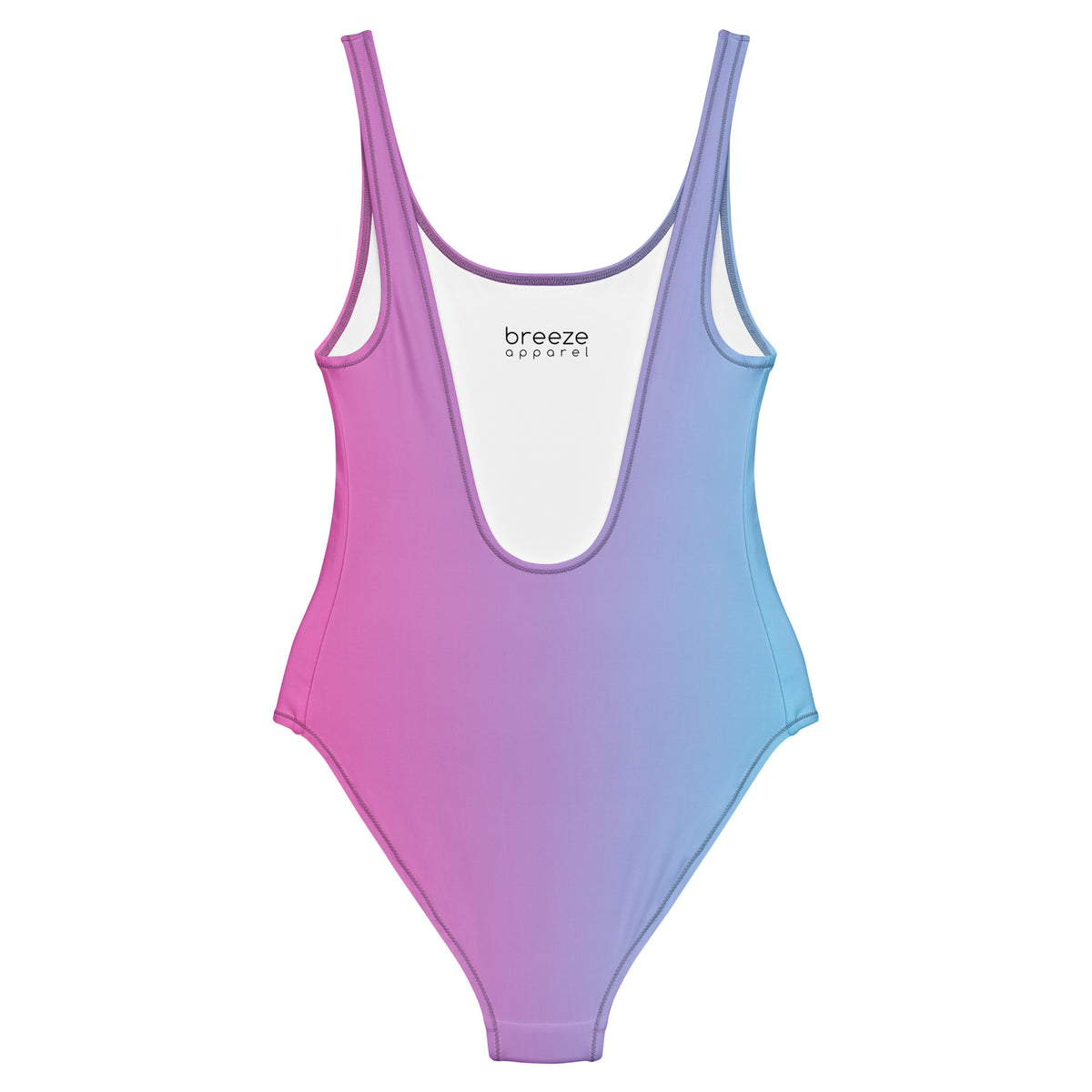 Back of women's one-piece swimsuit with a light-blue-to-pink design