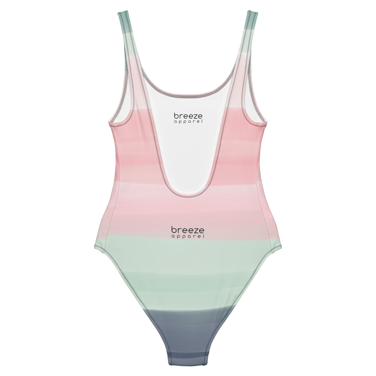 Back of one-piece swimsuit with a pink, pastel-green, and gray design that resembles watercolor.