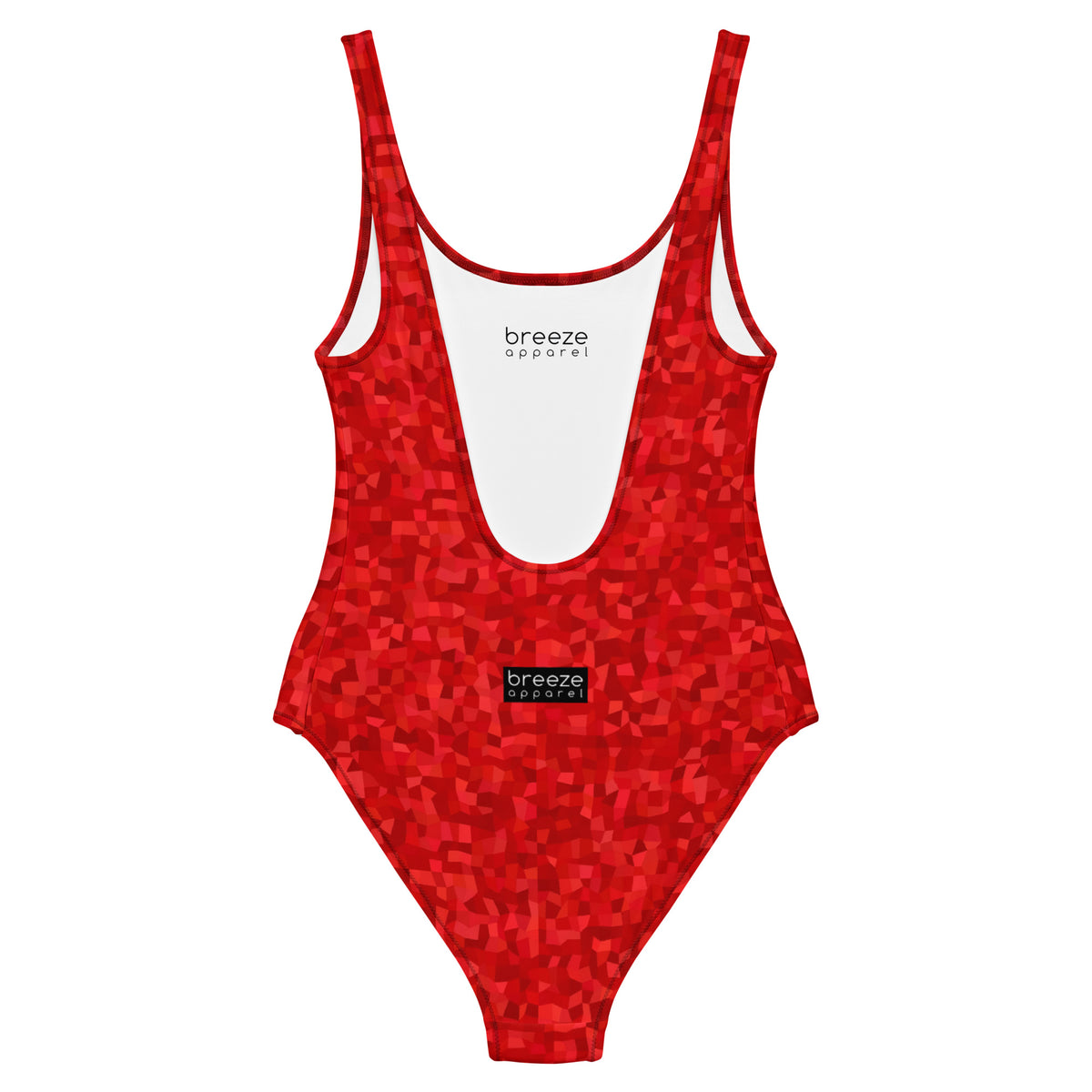 Back of one-piece swimsuit with an all-over, red geometric pattern.