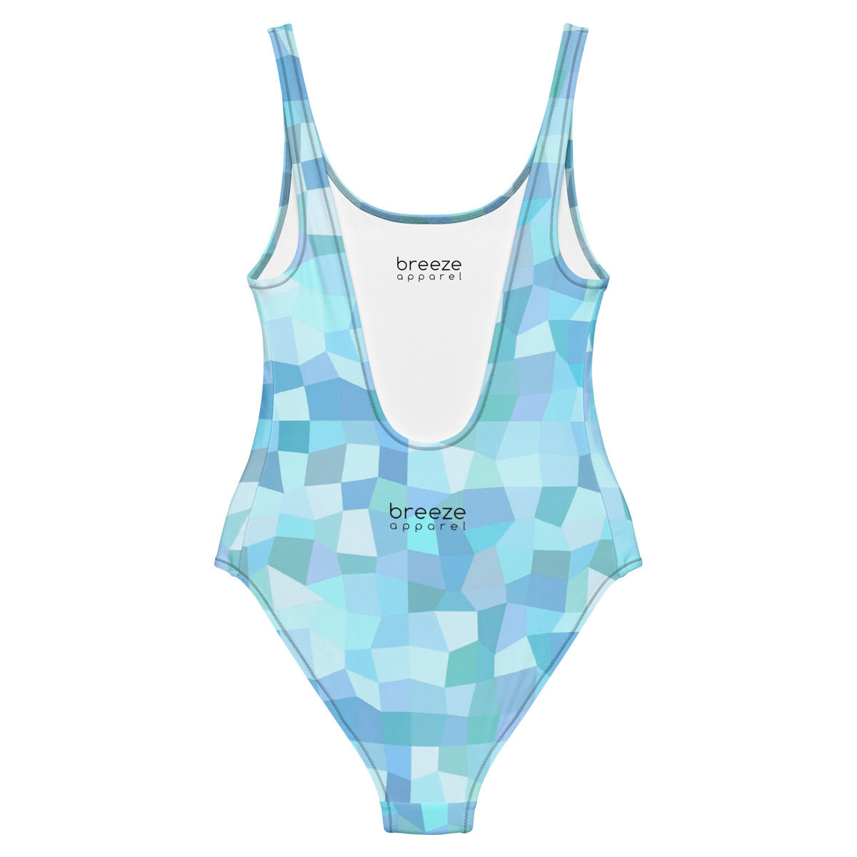 Back of one-piece swimsuit with all-over, cyan geometric pattern.