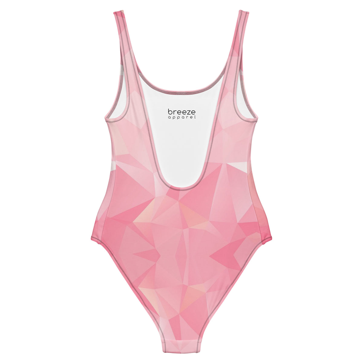 Back of one-piece swimsuit with all-over, pink geometric pattern.