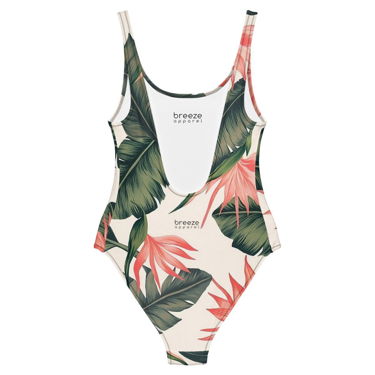 One-piece swimsuit with tropical floral pattern.
