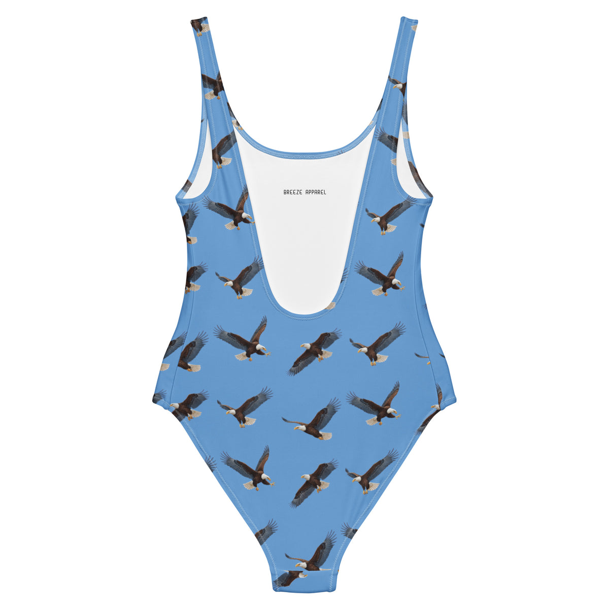 Blue one-piece swimsuit with pattern of bald eagles.