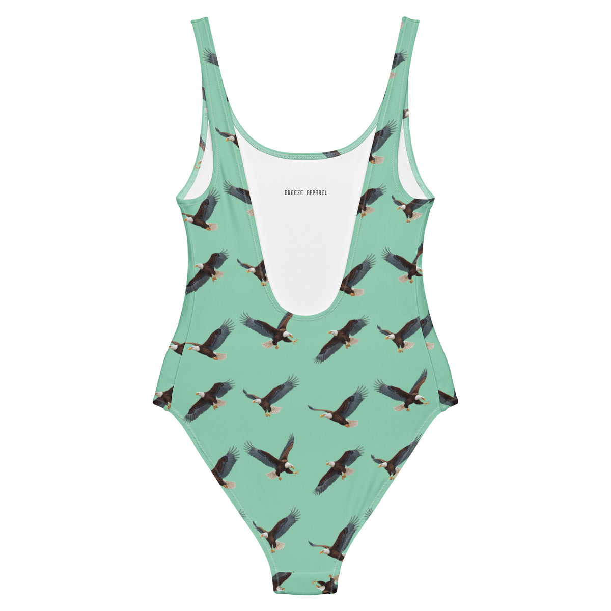 Green one-piece swimsuit with pattern of bald eagles.