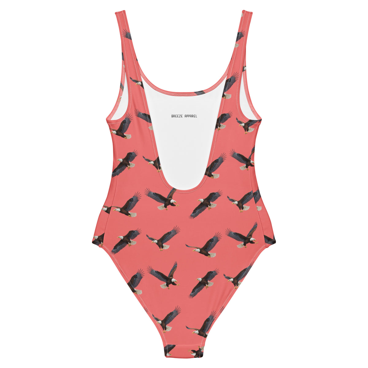 Red one-piece swimsuit with pattern of bald eagles.