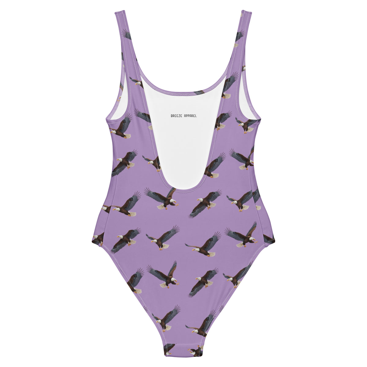 Purple one-piece swimsuit with pattern of bald eagles.