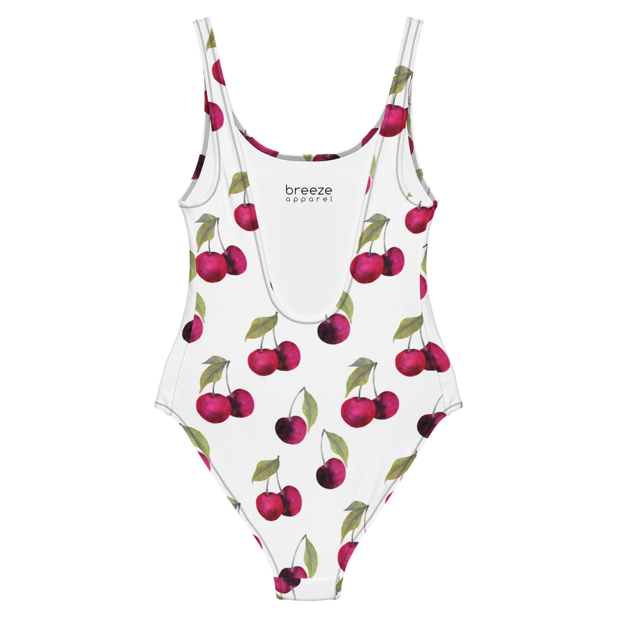White, one-piece swimsuit with pattern of cherries.