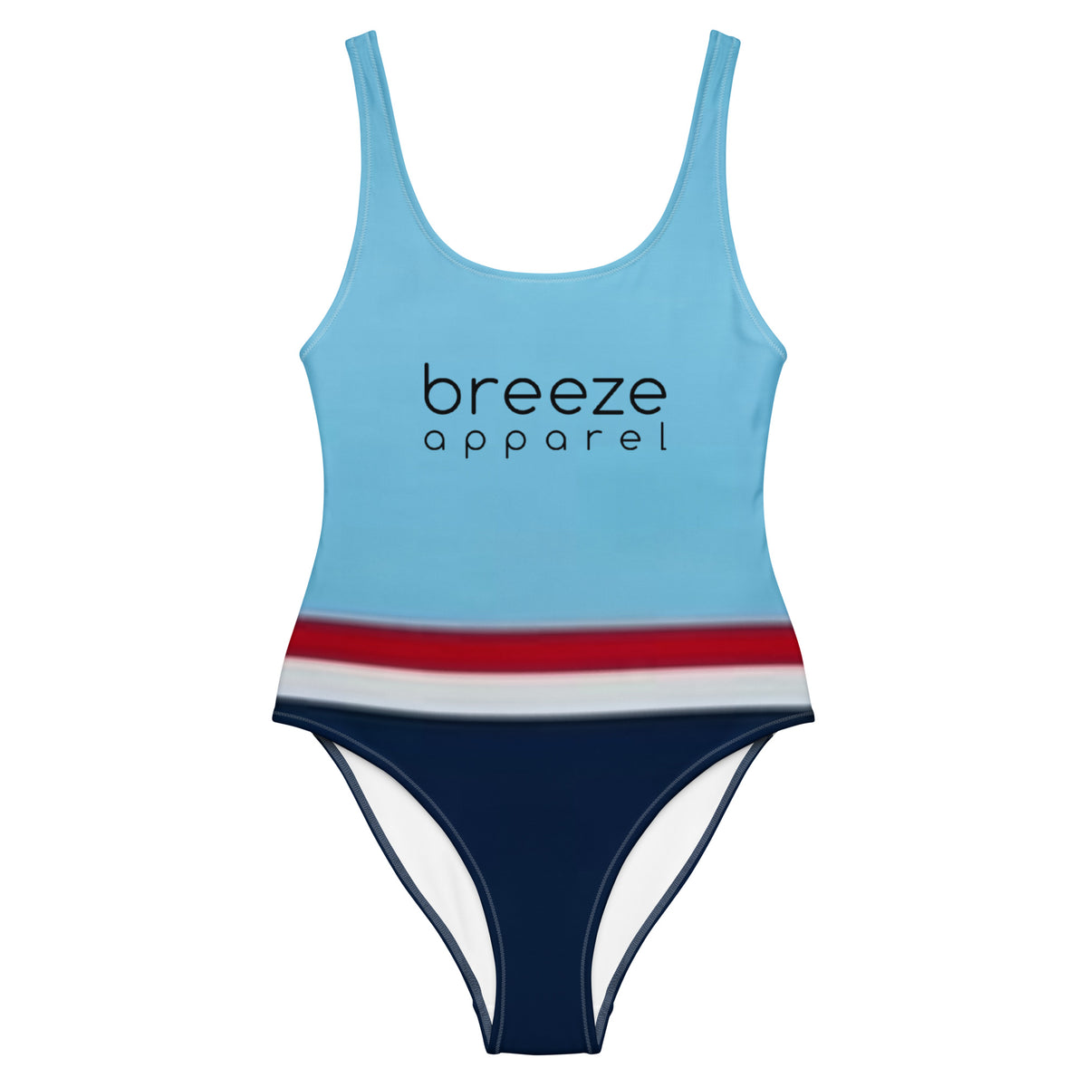 One-piece swimsuit with light-blue top, followed by a red stripe, then a white stripe, followed by a navy-blue bottom part.