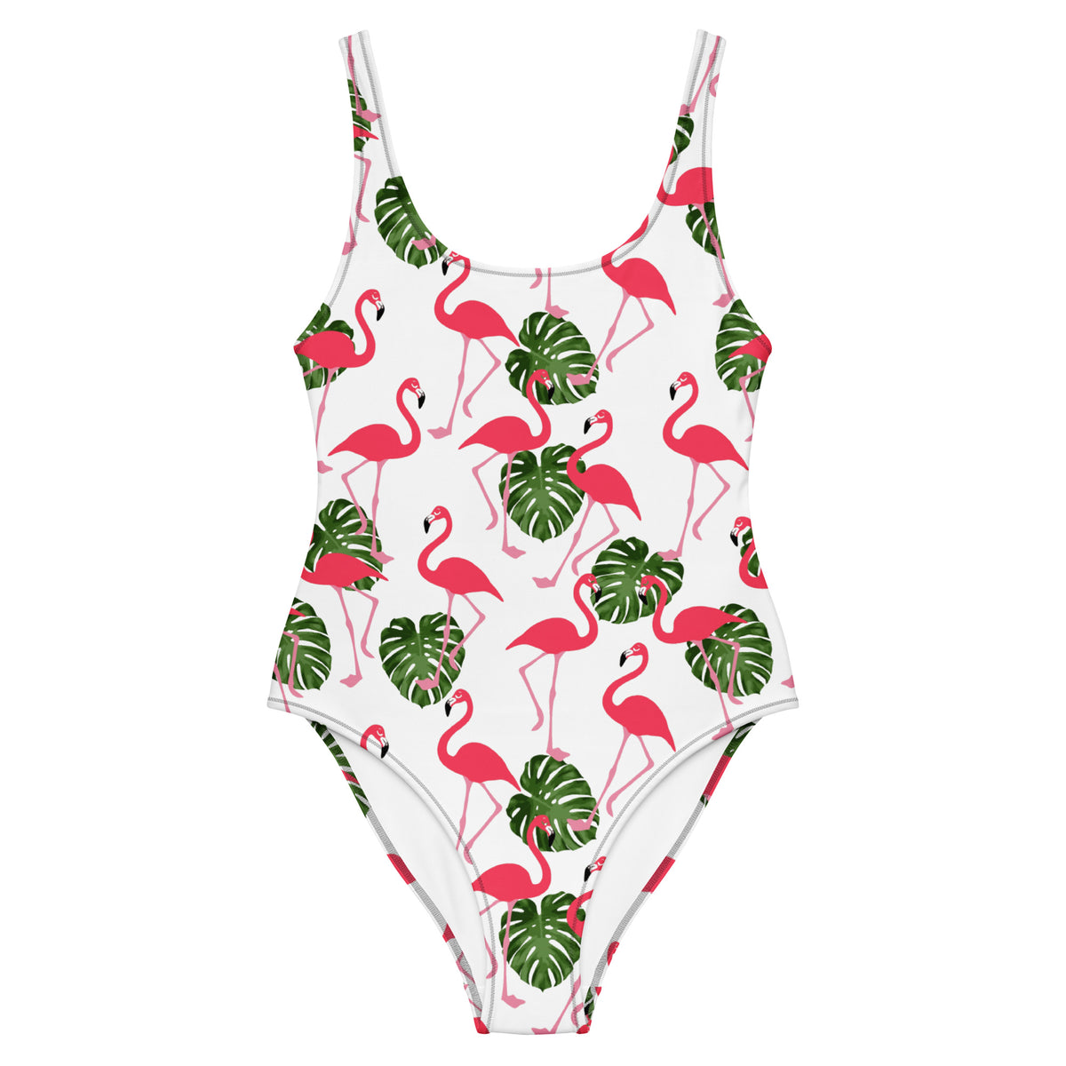 White, one-piece swimsuit with a pattern consisting of flamingos and palm leaves. 