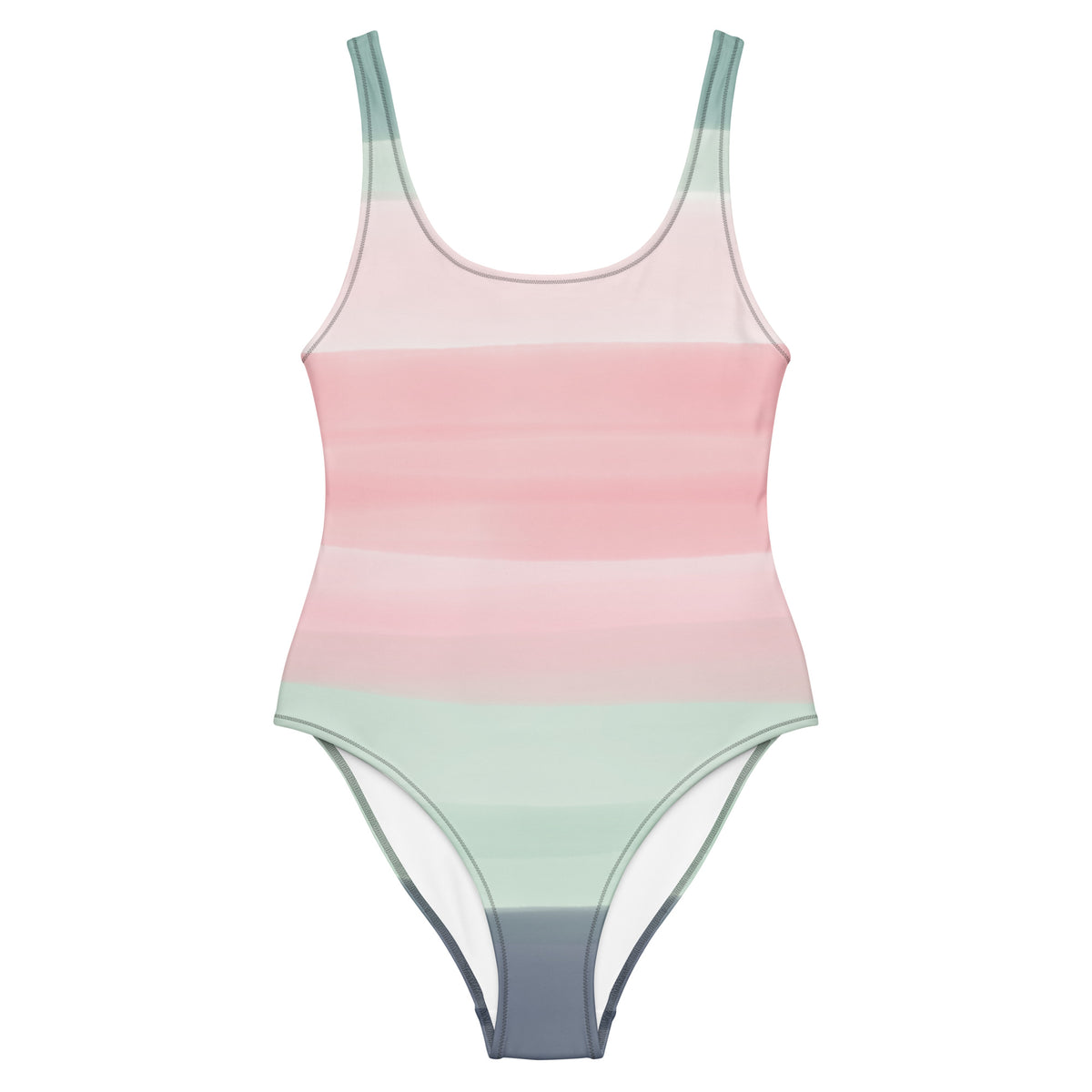 One-piece swimsuit with a pink, pastel-green, and gray design that resembles watercolor.