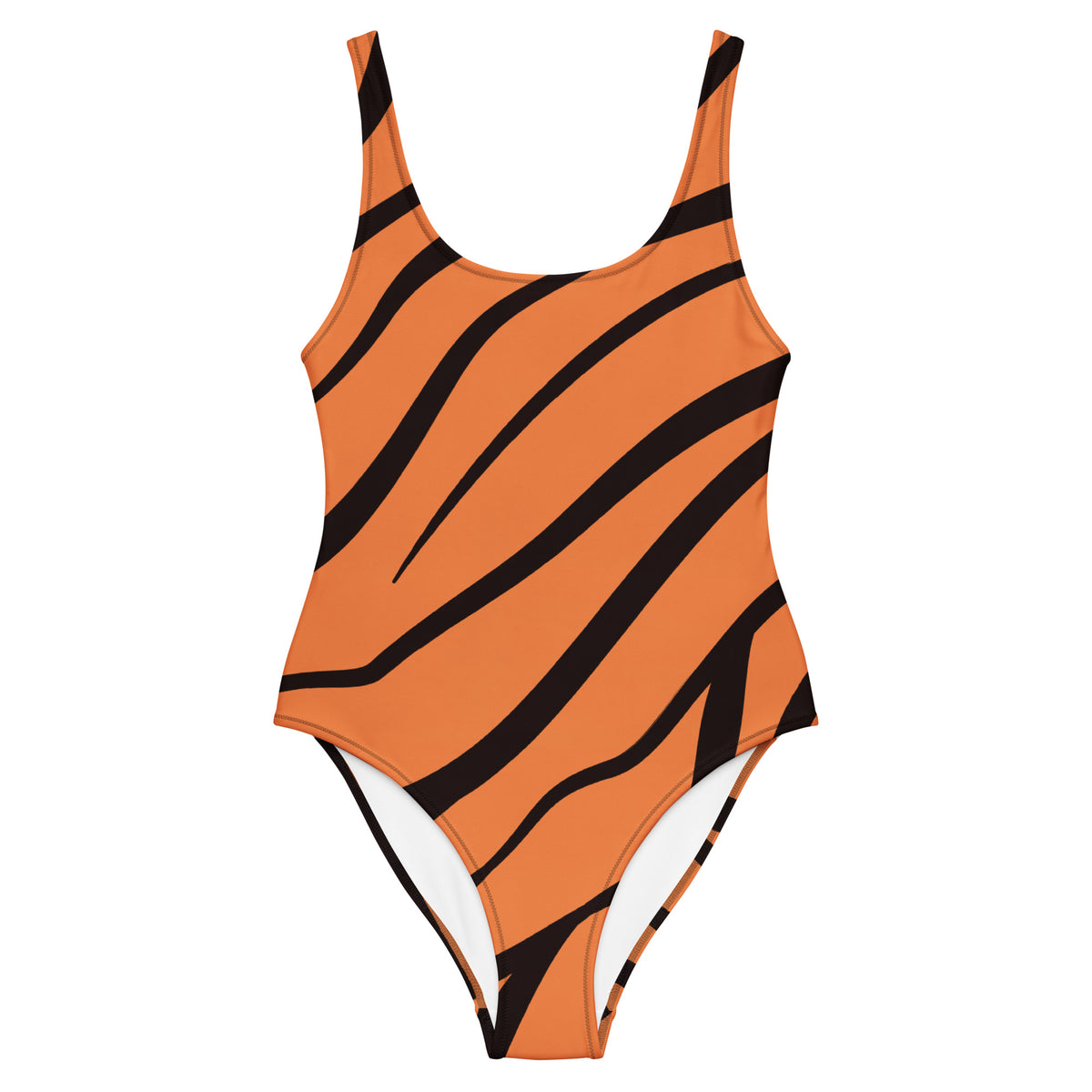 One-piece swimsuit with a tiger-skin pattern.