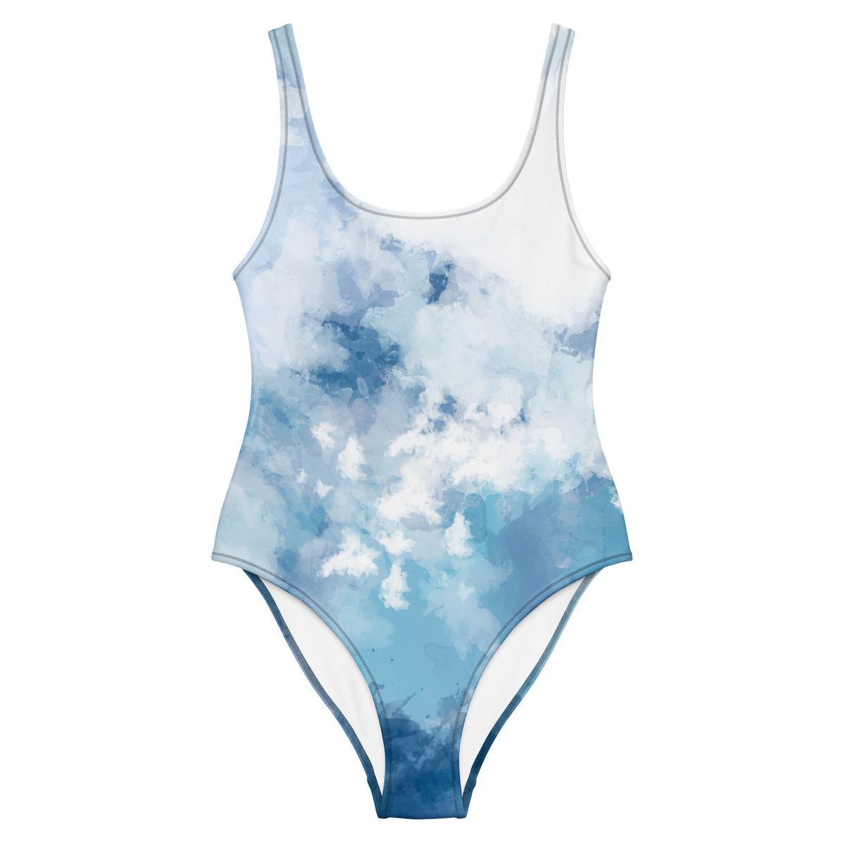 White, one-piece swimsuit that has a blue, watercolor-style design.