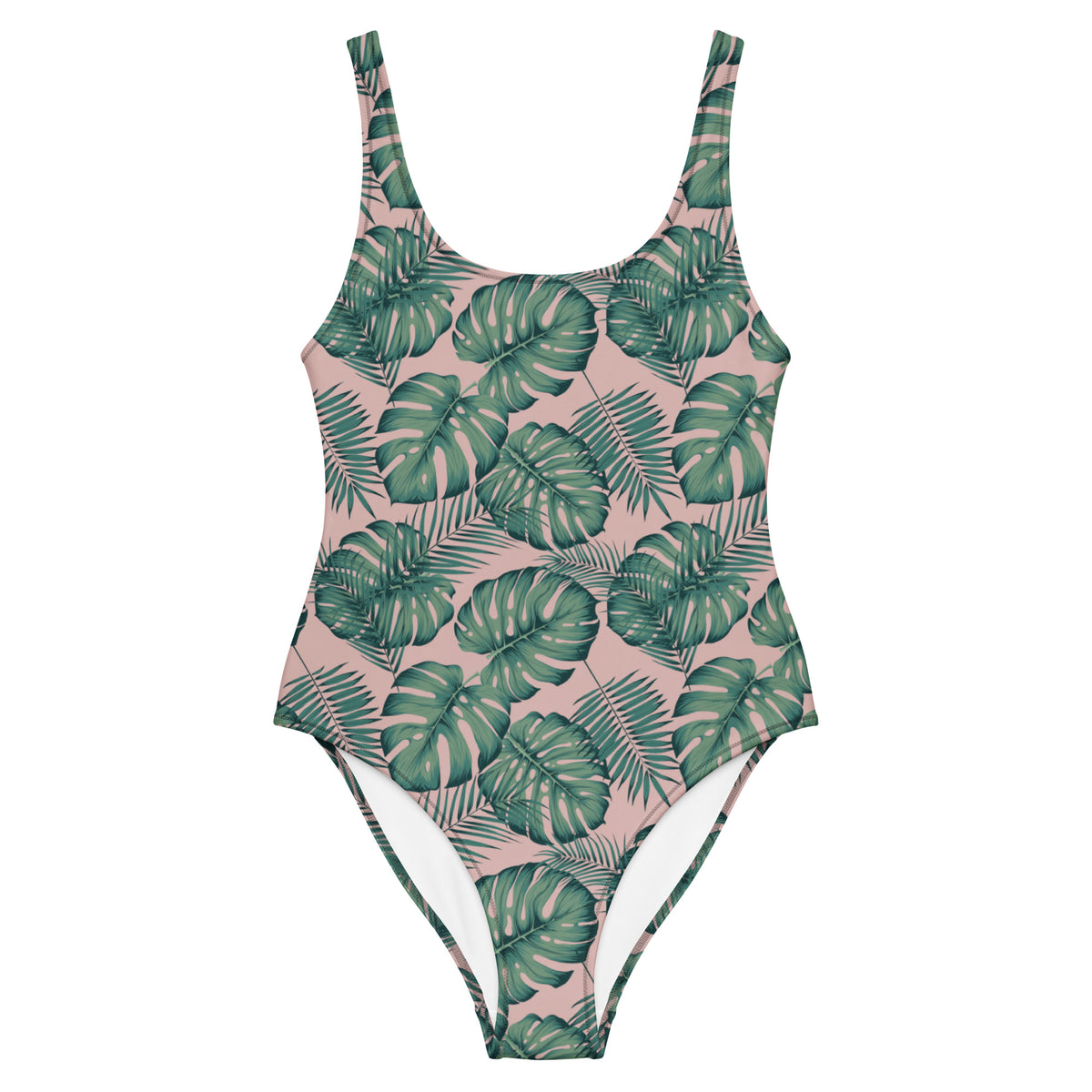 One-piece swimsuit with a design of palm leaves set on a pink background.