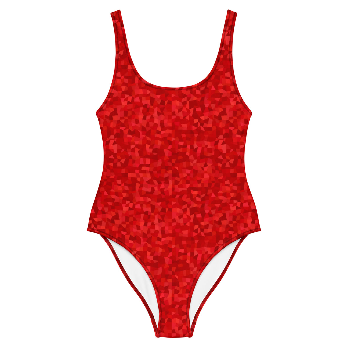 One-piece swimsuit with an all-over, red geometric pattern.