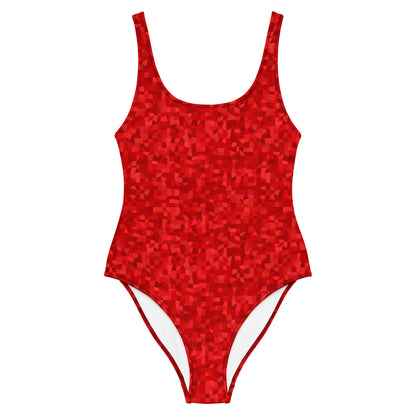 One-piece swimsuit with an all-over, red geometric pattern.