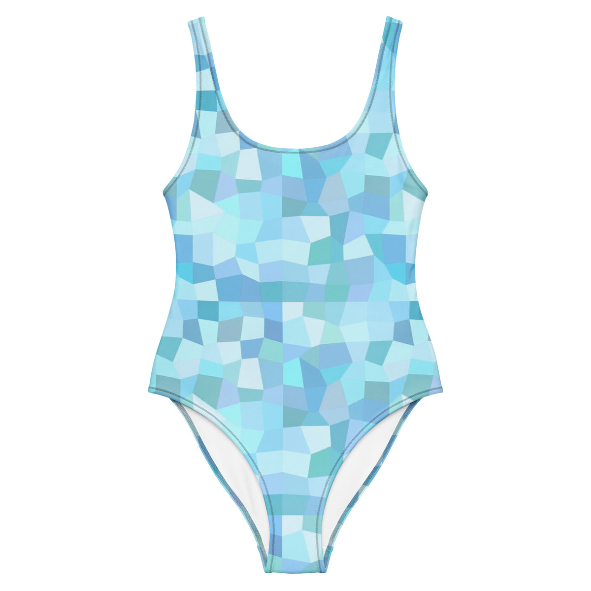 One-piece swimsuit with all-over, cyan geometric pattern.