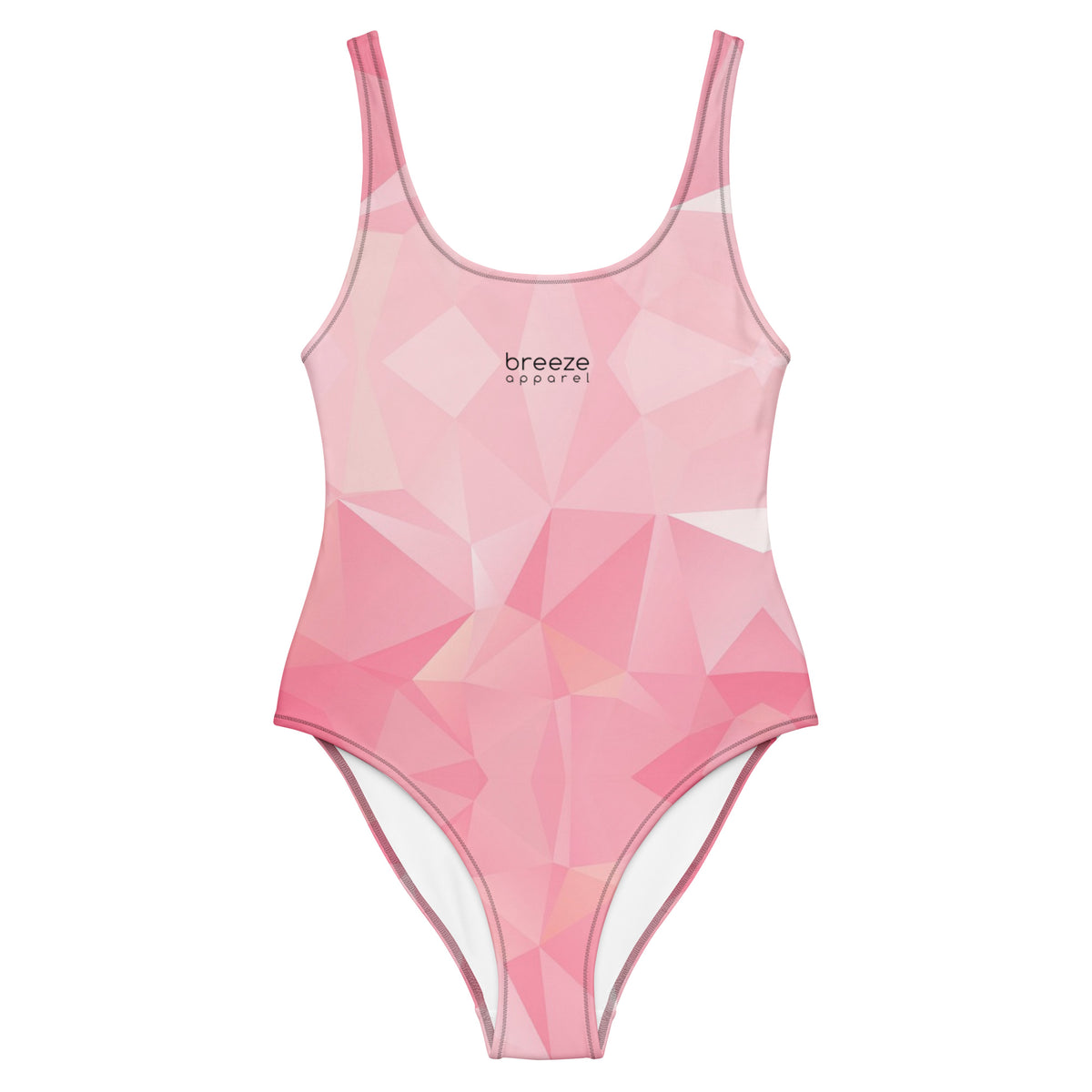 One-piece swimsuit with all-over, pink geometric pattern. 'Breeze apparel' is in small, black text on chest.