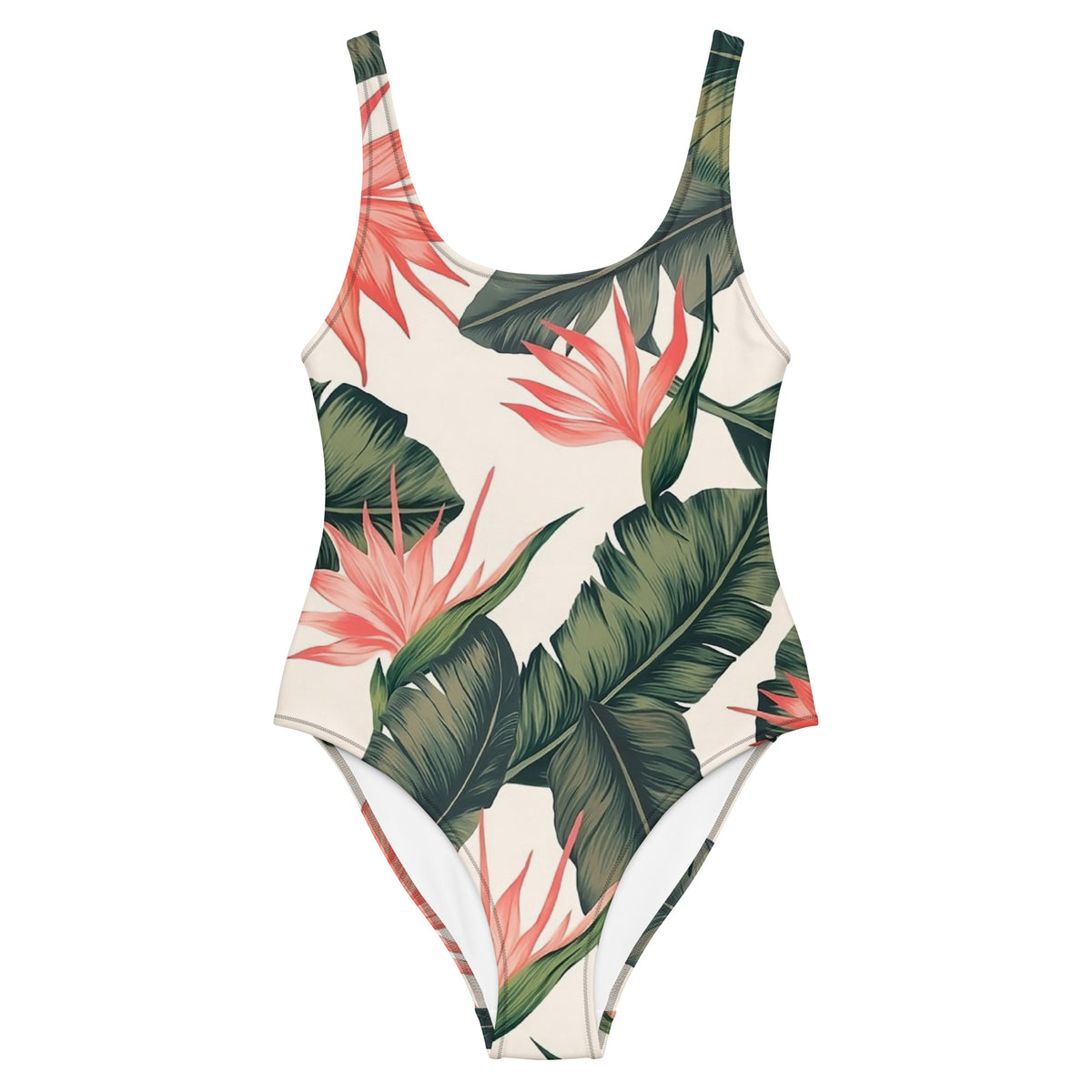 One-piece swimsuit with tropical floral pattern.
