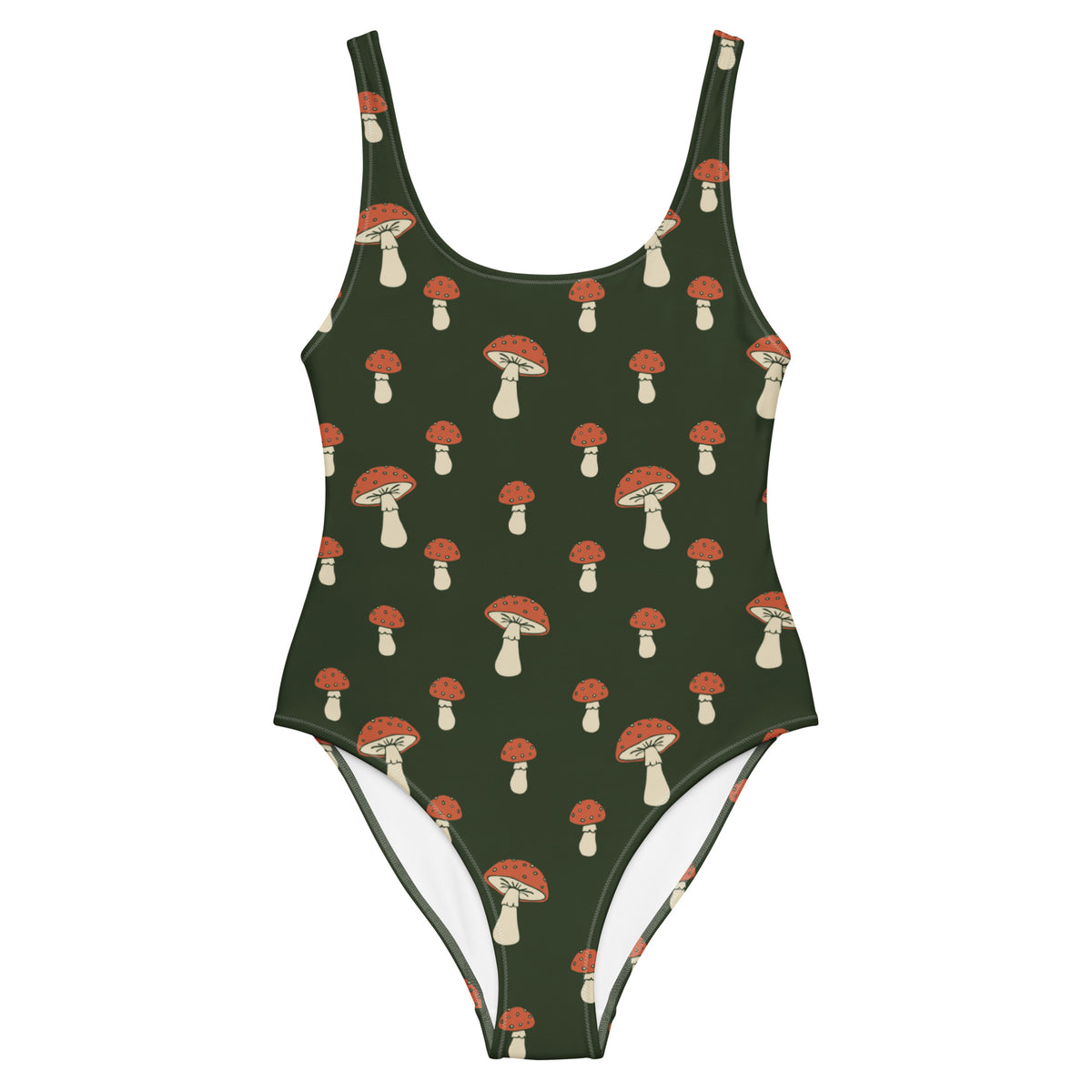 One-piece swimsuit with pattern of mushrooms set on green background.