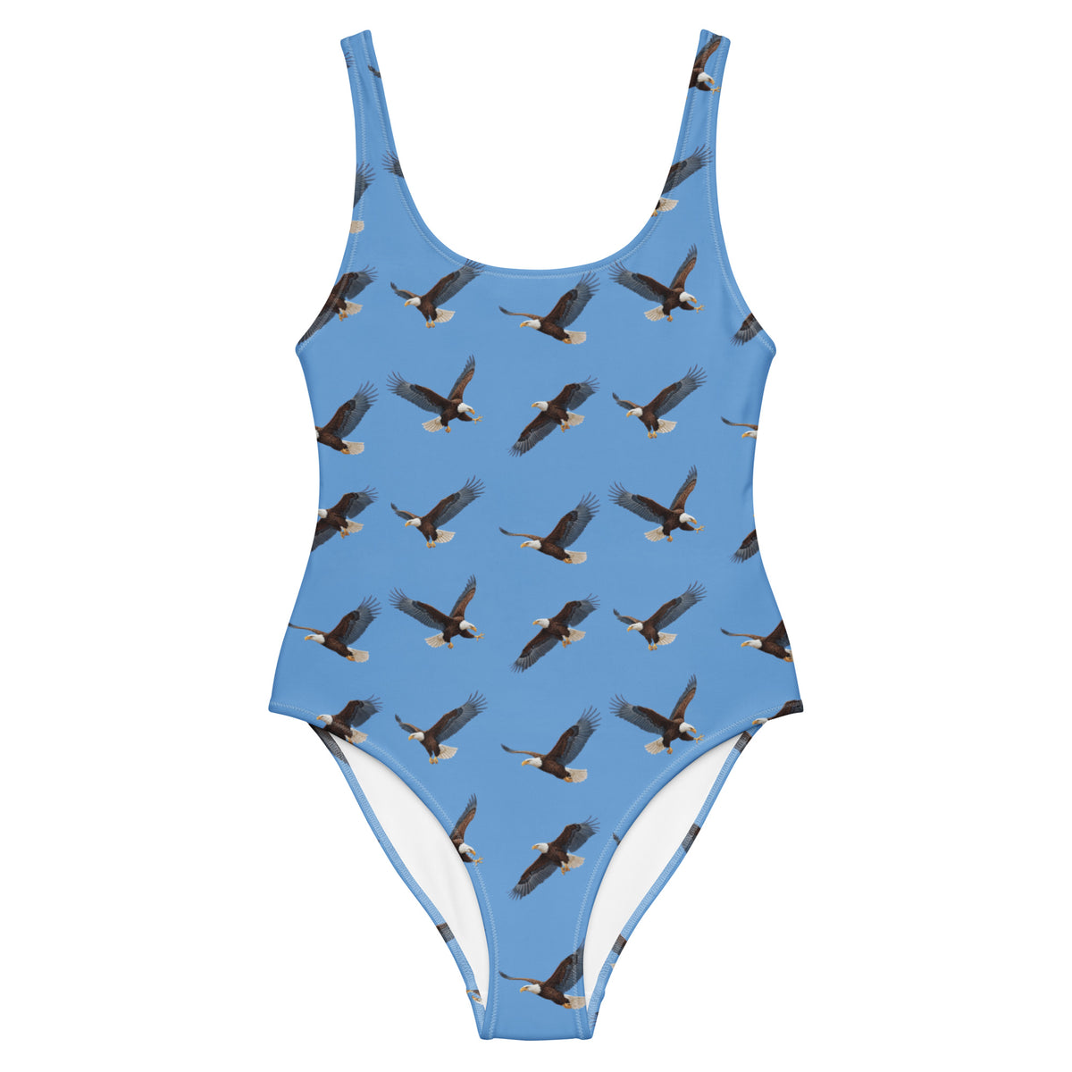 Blue one-piece swimsuit with pattern of bald eagles.