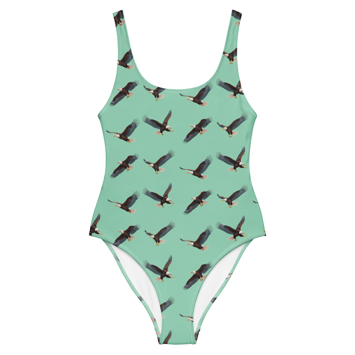 Green one-piece swimsuit with pattern of bald eagles.