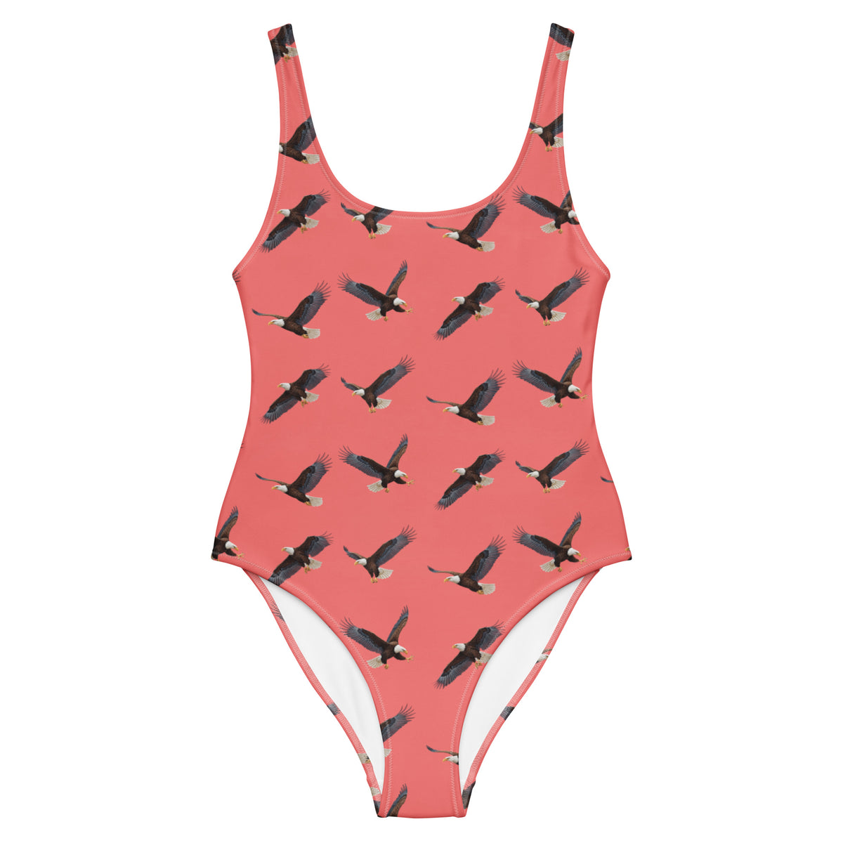 Red one-piece swimsuit with pattern of bald eagles.