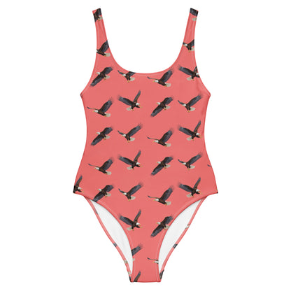 Red one-piece swimsuit with pattern of bald eagles.