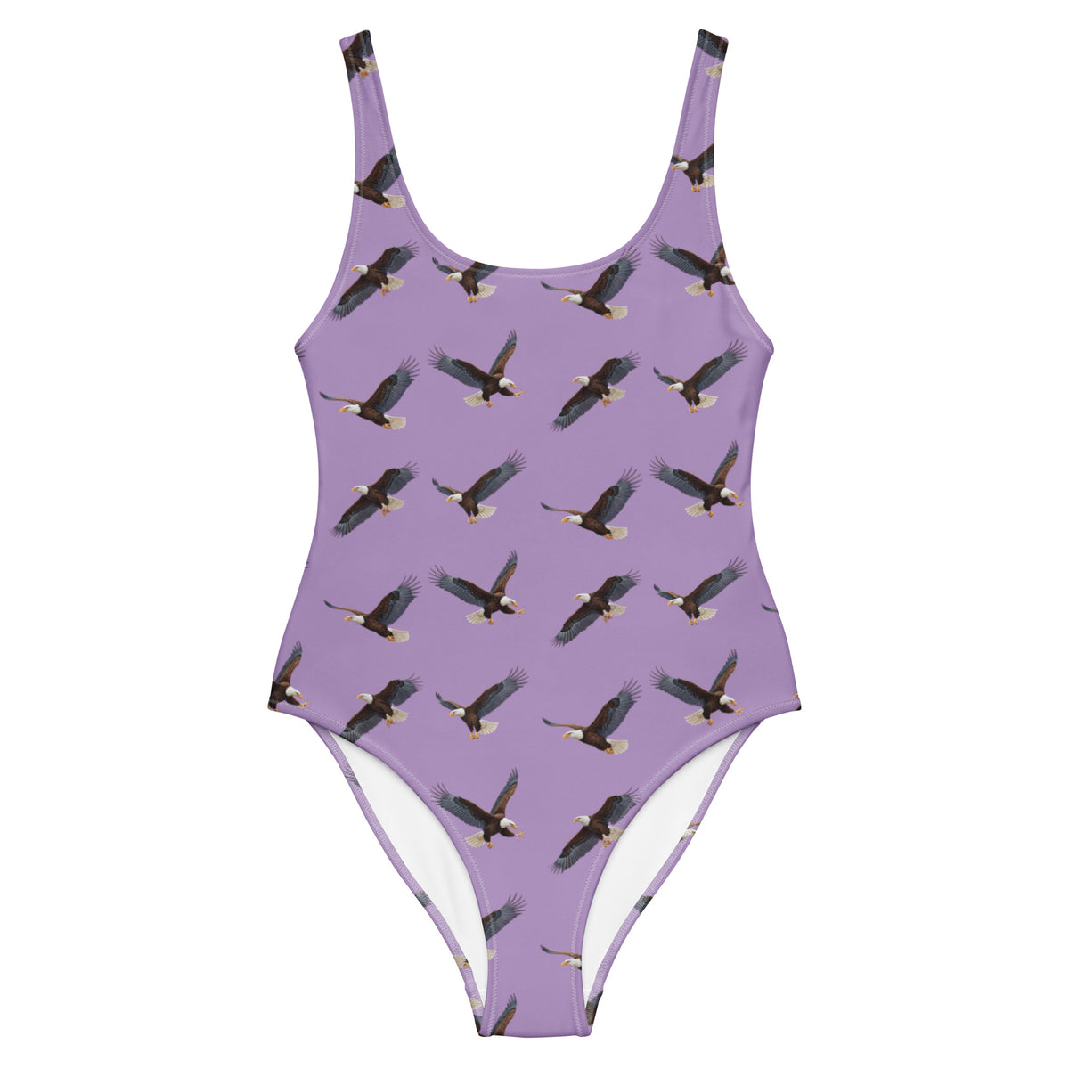 Purple one-piece swimsuit with pattern of bald eagles.