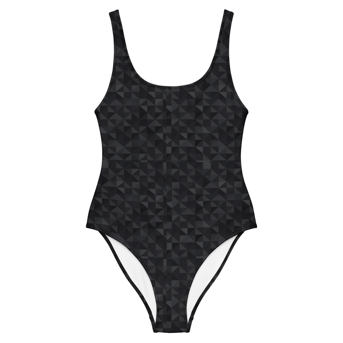 One-piece swimsuit with black geometric pattern.