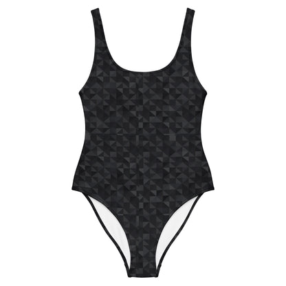 One-piece swimsuit with black geometric pattern.