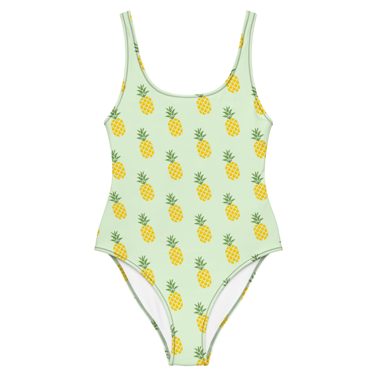 Light-green, one-piece swimsuit with pattern of pineapples.