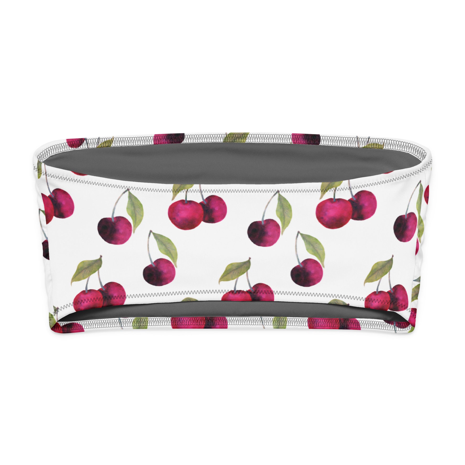 Back of white bandeau bikini top with all-over cherries design. Interior is gray.
