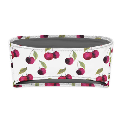 Back of white bandeau bikini top with all-over cherries design. Interior is gray.